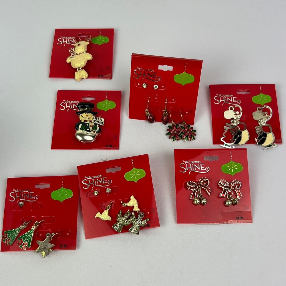 Vintage Kmart This Season Shine Christmas Holiday Earrings and Brooch Lot of 7